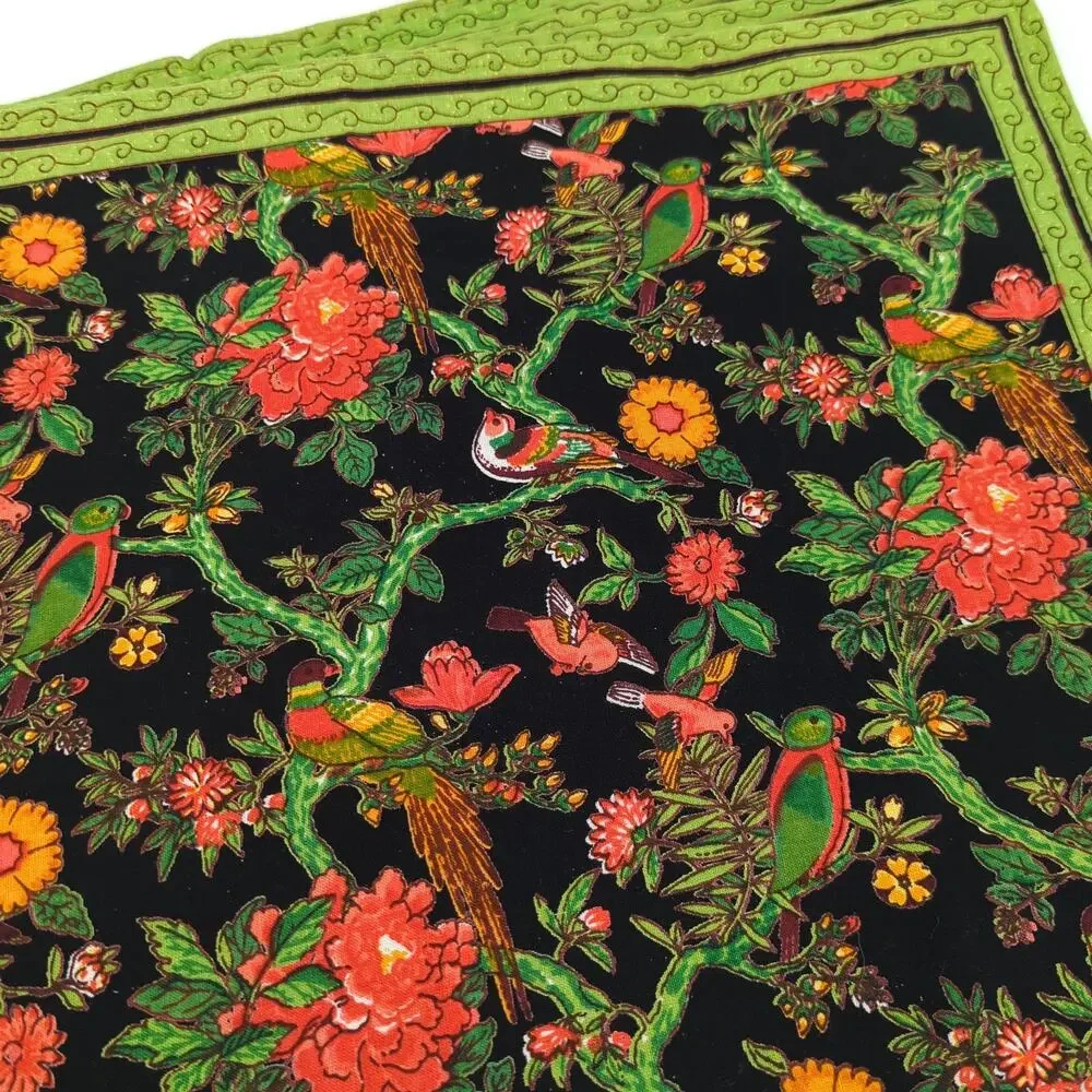 Blue Mongoose Bird Table Napkin Black Green Cotton Floral Set of 8 NEW FLAW